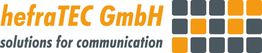 Logo der hefraTEC GmbH mit Slogan „solutions for communication“ und quadratischem Muster.