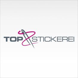 Logo mit dem Text "Top Stickerei", rosa Faden und Nadel über grauem Schriftzug.