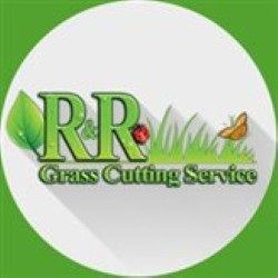 Logo of RR Grass Cutting Service with grass, a leaf, a ladybug, and a butterfly.