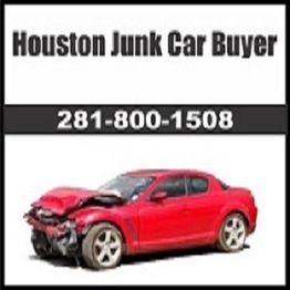 Red damaged car with "Houston Junk Car Buyer" and phone number 281-800-1508 above it.
