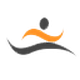 Logo stilizzato di una persona su un'onda, con forme curve arancioni e nere.