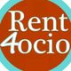 Círculo rojo con texto "Rent4ocio" en letras blancas y borde azul.