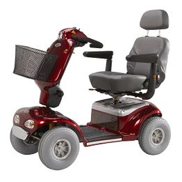 Roter elektrischer Mobilitätsscooter mit Sitz, Lenker und Korb.