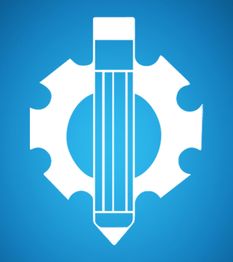 White pencil and gear symbol on a blue background.
