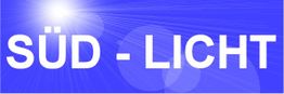 Text "SÜD - LICHT" in Weiß auf blauem Hintergrund mit Lichtstrahlen.