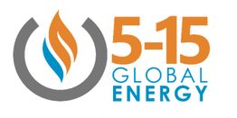 Logo con fiamma stilizzata e testo "5-15 Global Energy" in marrone, grigio e blu.