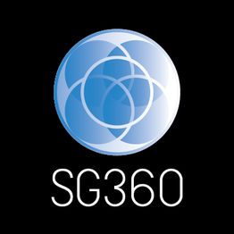 Blue circular logo with overlapping arcs, text "SG360" below on a black background.