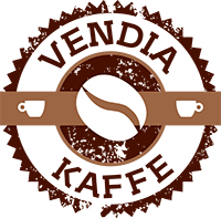 Logo for Vendia Kaffe med kaffesymbol, brun cirkel og to kaffekopper.