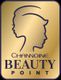 Logo mit zwei Silhouetten auf goldenem Hintergrund, darunter Schriftzug "Channoine Beauty Point".