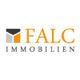 Logo von FALC Immobilien mit stilisiertem Gebäude in Grau und Orange.