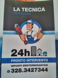 Tecnico idraulico 24h con disegno di uomo con chiave inglese. Numero: 328.3427344.
