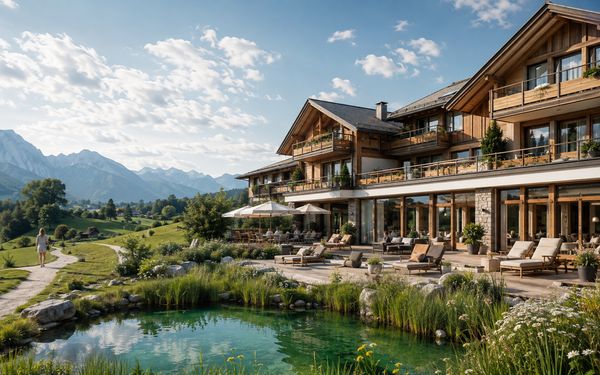 Digital Detox Hotel im bayerischen Alpenvorland mit Bergpanorama, grüner Landschaft, Naturteich und großzügiger Terrasse.
