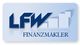 Logo von LFW Finanzmakler, blauer Schriftzug mit Aufwärtspfeil, auf hellblauem Hintergrund.