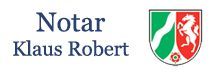 Text: "Notar Klaus Robert" neben einem Wappen mit grünem, weißem und rotem Löwen.