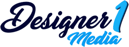 "Designer 1 Media" logo in blue cursive font.