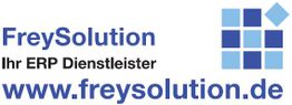 Logo von FreySolution mit Text: Ihr ERP Dienstleister, www.freysolution.de, blaue Quadrate.