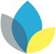 Bild eines abstrakten Logos mit drei überlappenden Blättern in Blau, Grau und Gelb.