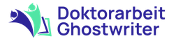 Logo mit einem offenen Buch und Text: "Doktorarbeit Ghostwriter" in blau und grün.