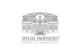 Strichzeichnung eines Hauses mit der Beschriftung "Special Properties, Exklusive Immobilien".