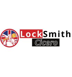 Logo of Locksmith Cicero featuring a locksmith with a large key and a UK flag background.