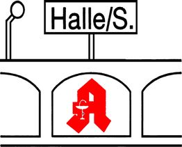 Zeichen mit Aufschrift "Halle/S." und einem Apothekensymbol darunter in roter Farbe.