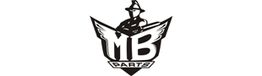 Logo mit schattiertem Mann im Hut über "MB Parts", Flügelmotive seitlich.