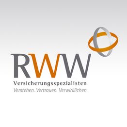 RWW-Logo: Versicherungsspezialisten, Slogan: Verstehen. Vertrauen. Verwirklichen. Orange-Grau-Kugeln.