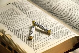 Offenes Wörterbuch mit Arzneiröhrchen, eins mit "Lycopodium Clavatum C200" beschriftet.