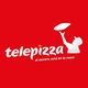 Logo de Telepizza con figura lanzando una masa, fondo rojo. Texto: "el secreto está en la masa".