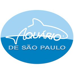 Logotipo oval do Aquário de São Paulo com desenho de tubarão e texto em azul e branco.