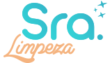 Logotipo com as palavras "Sra. Limpeza" em azul e laranja, com estrelas ao lado.