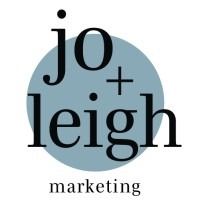"Logo with 'jo + leigh marketing' in black text over a blue circle background."
