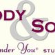 Logo mit Text „Body & Soul, Slender You Studio“ in verschiedenen Schriftarten und Farben.