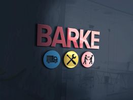 Rotes 3D-Logo "BARKE" mit Symbolen für LKW, Werkzeuge und Personen in einem Büro.