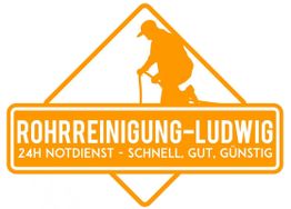 Logo mit Rohrreiniger-Silhouette und Text: "Rohrreinigung-Ludwig, 24H Notdienst - schnell, gut, günstig".