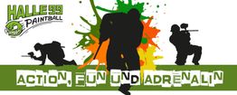 "Silhouetten von Paintball-Spielern vor farbenfrohem Hintergrund, Text: Action, Fun und Adrenalin."