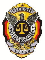 Siegel mit Adler, Waage und Text "Security Protection Agency Guard" auf goldenem Hintergrund.