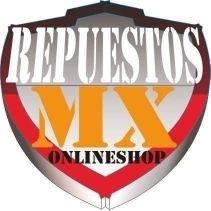 Escudo con texto: "Repuestos MX Onlineshop" en fondo rojo, blanco y gris.