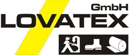 LOVATEX-Logo mit gelbem Streifen, Maschinen- und Material-Symbolen.