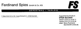 Ferdinand Spies GmbH & Co. KG Logo, Gerüstbau und Verleih, Adresse und Kontaktdaten in Schwarz-Weiß.