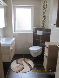 Modernes Badezimmer mit Wand-WC, Waschbecken, Holzschränken und rundem Teppich.