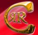 Goldenes Logo mit Buchstaben „RR“ in einem gebogenen C, roter Hintergrund.