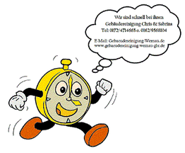 Laufende Uhr mit Gesicht und Armen; Textfeld mit Kontaktinfo "Gebäudereinigung Chris & Sabrina".