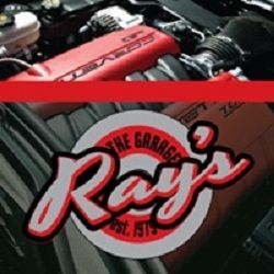 Engine with red covers and a "Ray's The Garage" logo overlaying it.