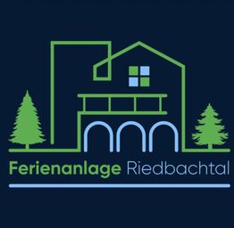 Logo der Ferienanlage Riedbachtal mit Hausumriss, Bäumen und Schriftzug auf dunkelblauem Hintergrund.