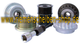 Riemenscheiben mit Werkzeug, Webseite "www.riemenscheiben-shop.de" überlagert das Bild.