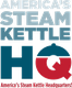 Text logo: "America's Steam Kettle HQ." Red and blue colors with a kettle design.