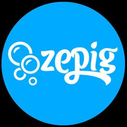 Blauw logo met het woord "Zepig" in witte letters, omlijst door bellen links van de tekst.
