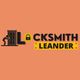 Locksmith Leander logo with orange background and black text, door, and padlock graphic.