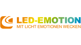Logo von LED-Emotion mit Slogan: "Mit Licht Emotionen wecken", in Regenbogenfarben.